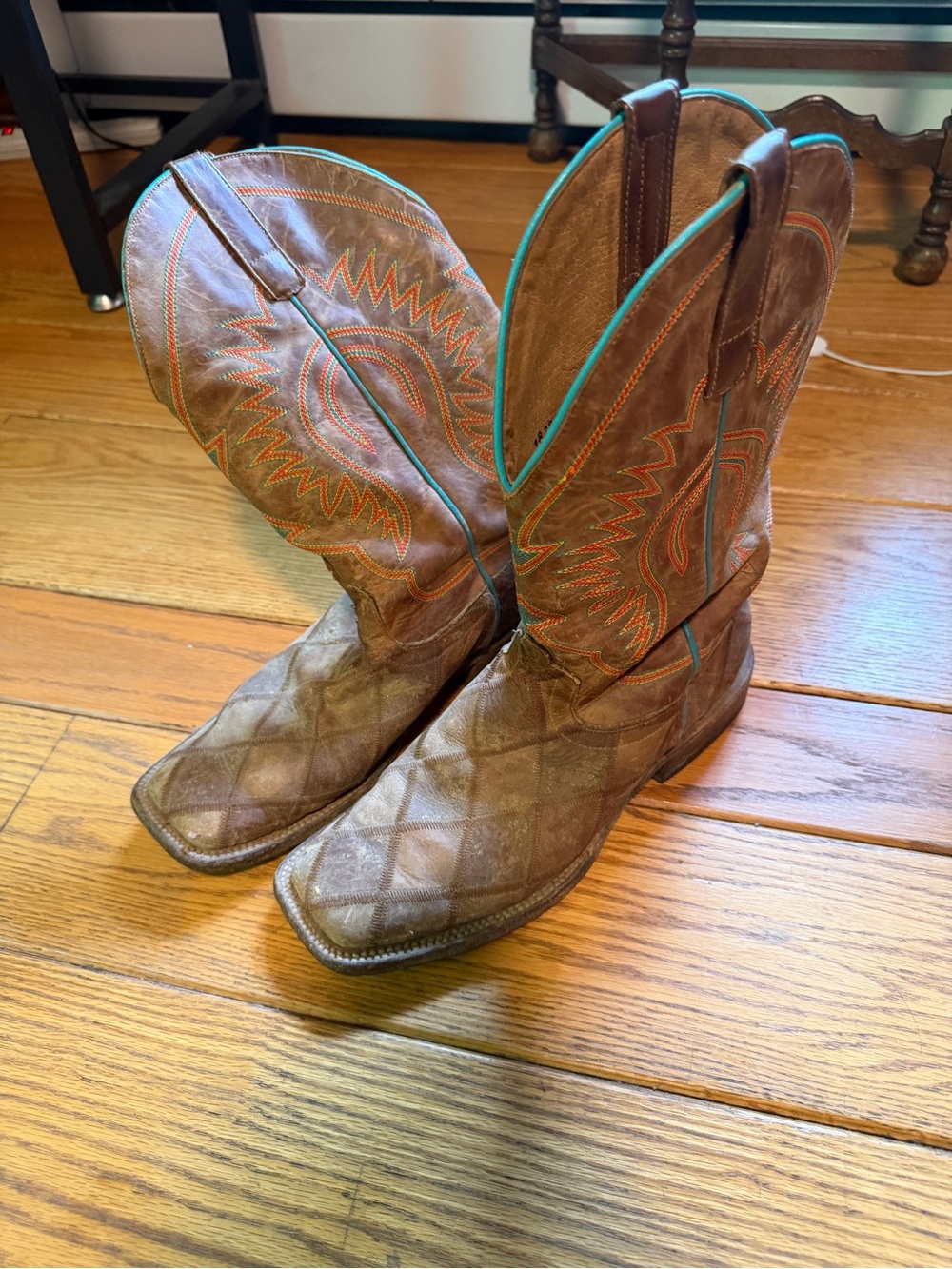 Horse Power Checkered Brown Western Cowboy Boots with Turquoise Trim